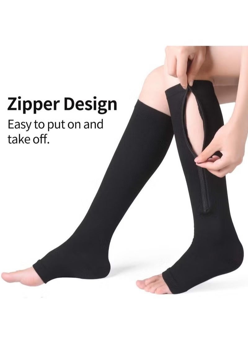 15 to 20mmHg Compression Socks 2 Pairs Toeless with Copper Fiber Open Toe Knee High Support Stockings with Zipper for Men and Women Flesh and Black - Image 4